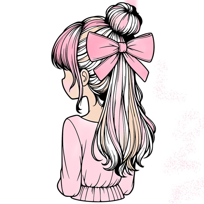 realistic girl  with hip length hair a bun and a big bow on the back of head
