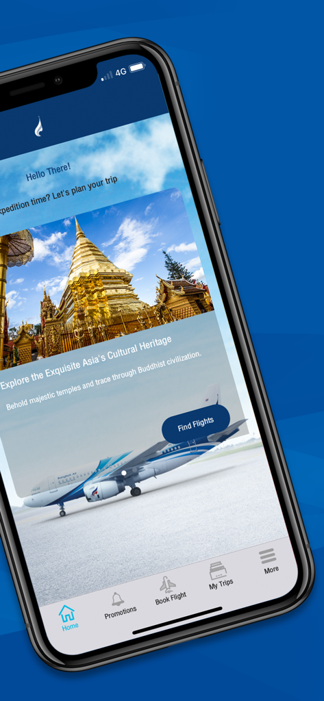 Bangkok Airways - タイの寺院とフライト予約ボタンが表示されたバンコクエアウェイズモバイルアプリのホーム画面
