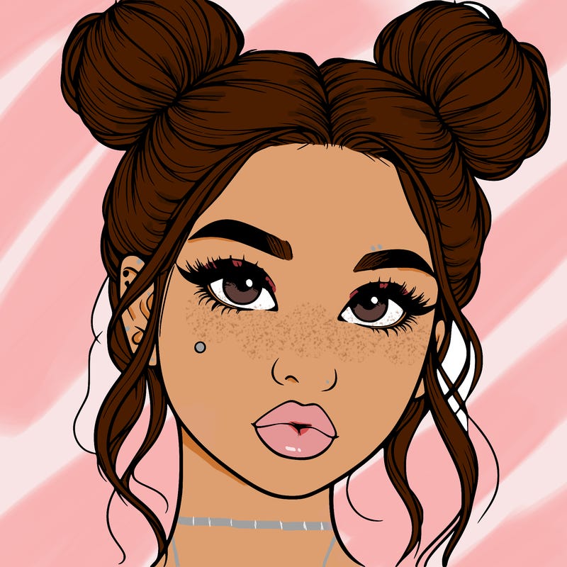 realistic girl with two buns on her hair and lips