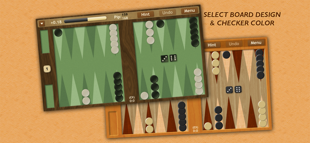 Backgammon NJ HD app interface showing customizable board designs and checker colors