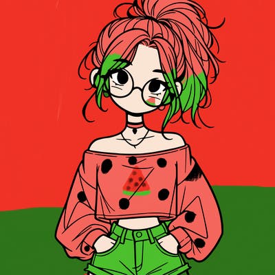 girl with a messy ponytail glasses a baggy crop top and jean shorts