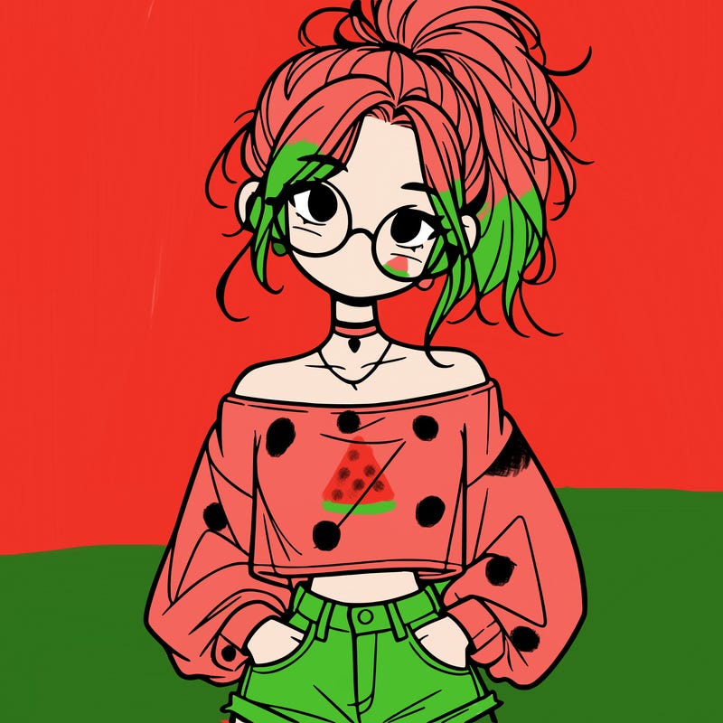 girl with a messy ponytail glasses a baggy crop top and jean shorts