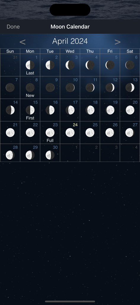 Monthly moon phase calendar in the Tide Graph Pro app displaying lunar cycles for navigation and fishing.