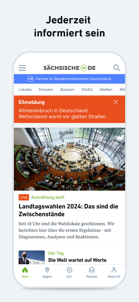 Interface do aplicativo de notícias móvel Saechsische Zeitung exibindo manchetes regionais e alertas de notícias de última hora