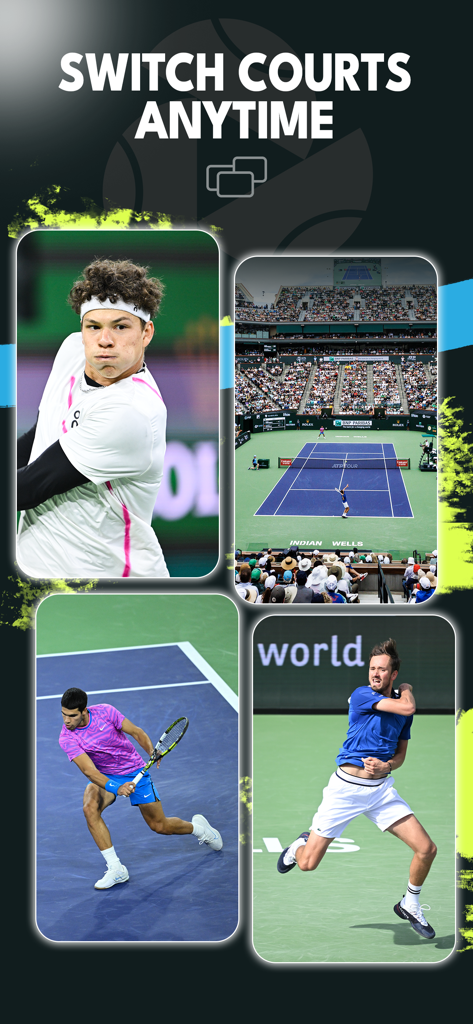 ATPの選手とスタジアム、そして「いつでもコートを切り替え」というテキストが表示されたTennis TVのプロモーション用スクリーンショット