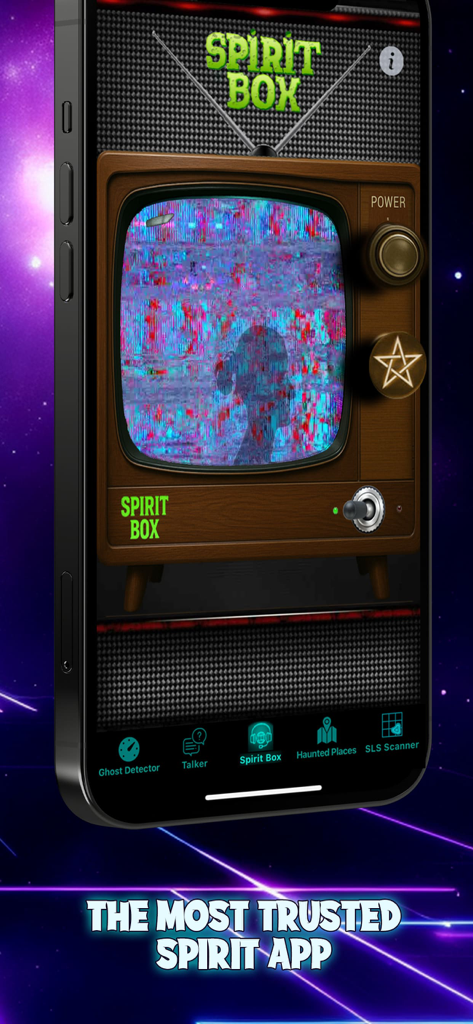 Spirit Contact Talker - Screenshot of the Spirit Contact Talker app showing the Spirit Box interface with a vintage television design and static screen.