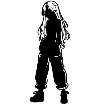 girl in baggy pants crop top and long hair