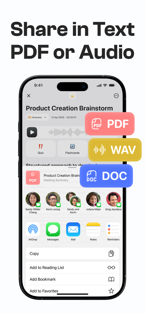 Interface de l'application Notee montrant les options d'exportation et de partage pour les fichiers PDF, DOC et audio.