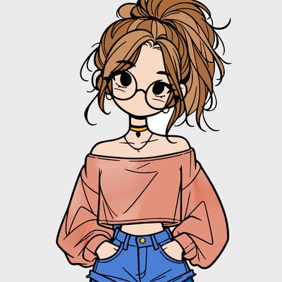 girl with a messy ponytail glasses a baggy crop top and jean shorts