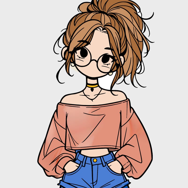 girl with a messy ponytail glasses a baggy crop top and jean shorts