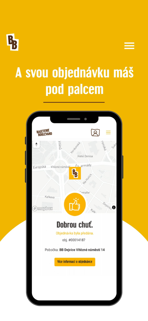 Bageterie Boulevard - 地図上の注文状況と店舗の場所を表示するバゲテリー・ブールバールアプリの画面。