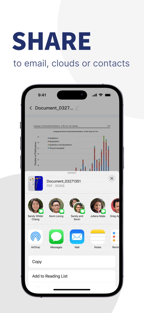 Converter Files & PDF Editor - Interfaz de iOS que muestra la opción de compartir un documento PDF por correo electrónico, nube o contactos