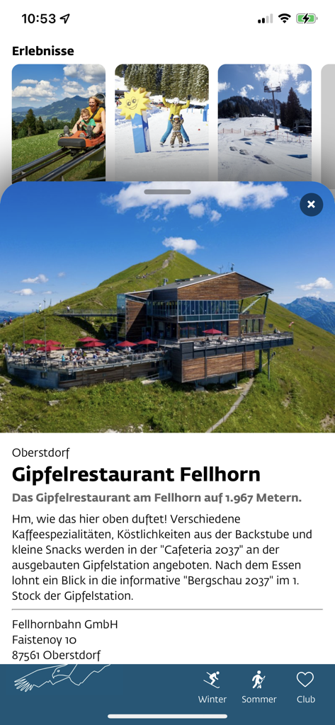 OK Bergbahnen - Gipfelrestaurant Fellhorn page in OK Bergbahnen app