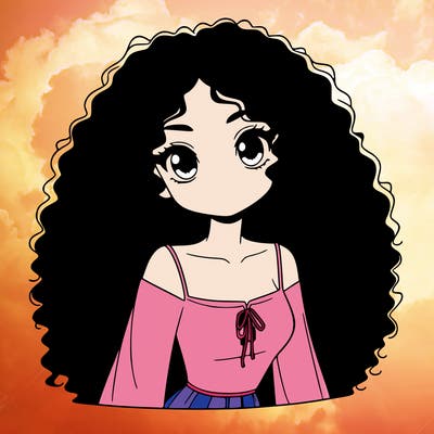 a black anime girl with long afro hair