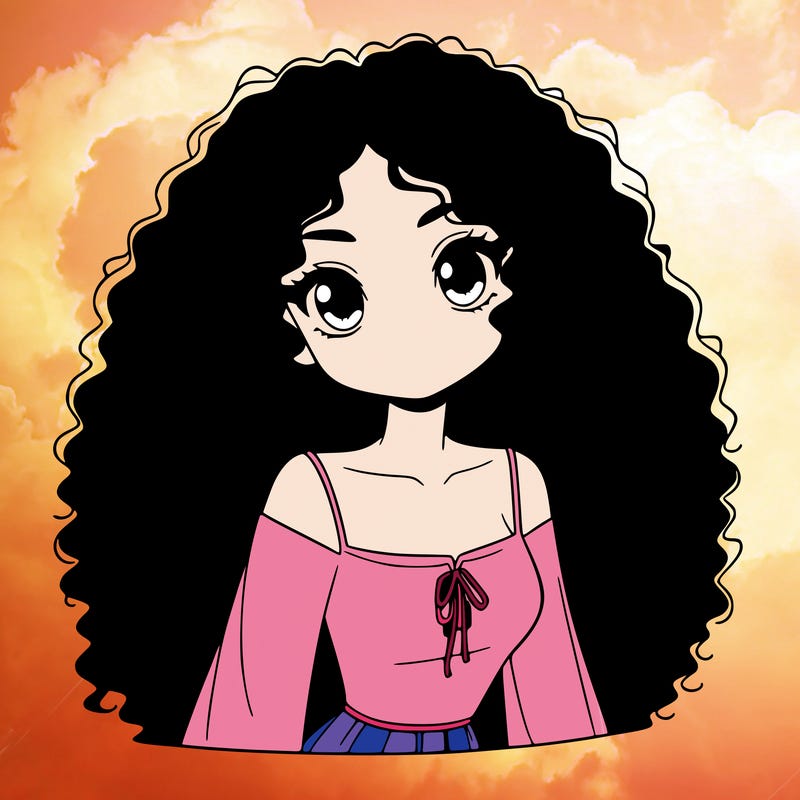 a black anime girl with long afro hair