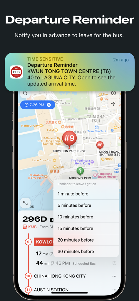 iPhone notification for a bus departure reminder with arrival times and map