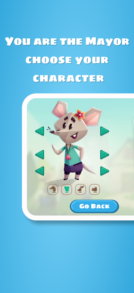 Mayority - Character selection screen in the Mayority app featuring a mouse character as the mayor.