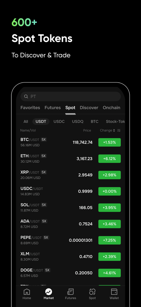 Phemex Pro: Trade BTC & Crypto - Phemex Pro 앱의 모바일 디스플레이 - 비트코인 및 이더리움을 포함한 스팟 거래 토큰 목록 표시