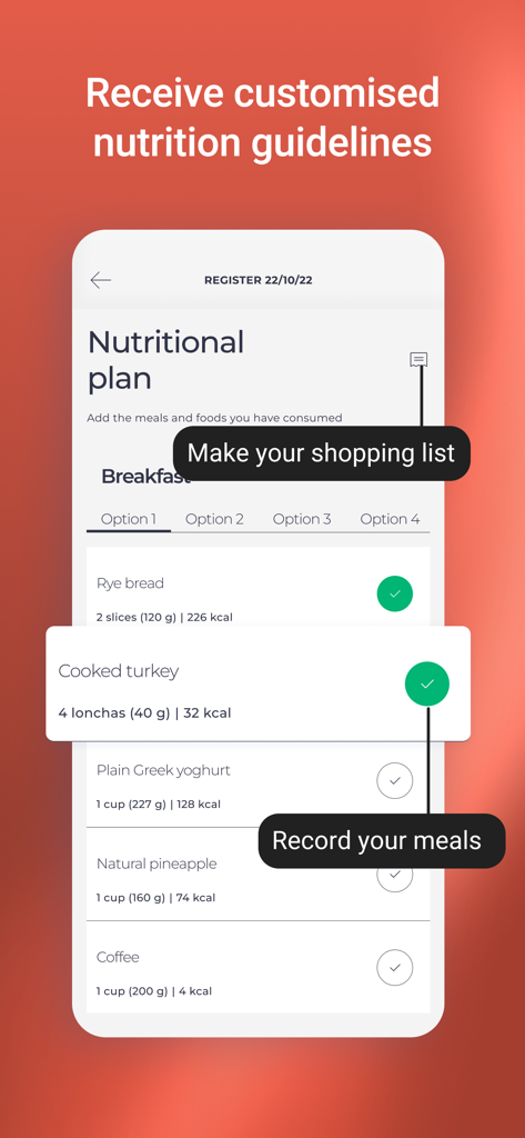 Interfaccia dell'app Harbiz che mostra un piano nutrizionale personalizzato e le funzioni di registrazione dei pasti