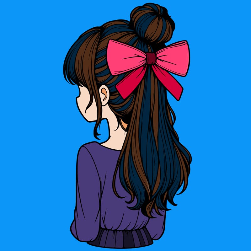 realistic girl  with hip length hair a bun and a big bow on the back of head