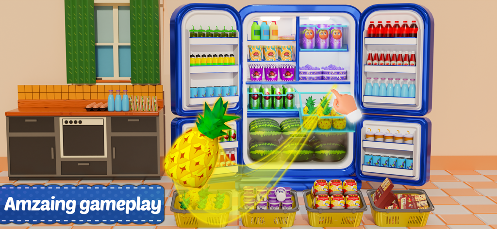 Ein Spieler füllt einen blauen Kühlschrank mit Lebensmitteln wie Ananas und Getränken in einem 3D-Organisation-Spiel wieder auf.