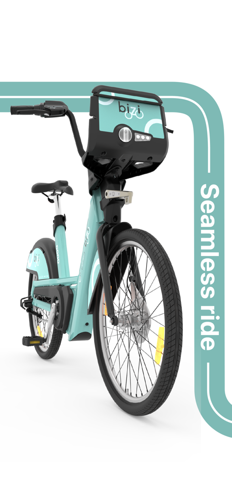 BiZi Zaragoza - Una bicicleta eléctrica BiZi Zaragoza de color azul claro con el eslogan "seamless ride" (viaje sin interrupciones)