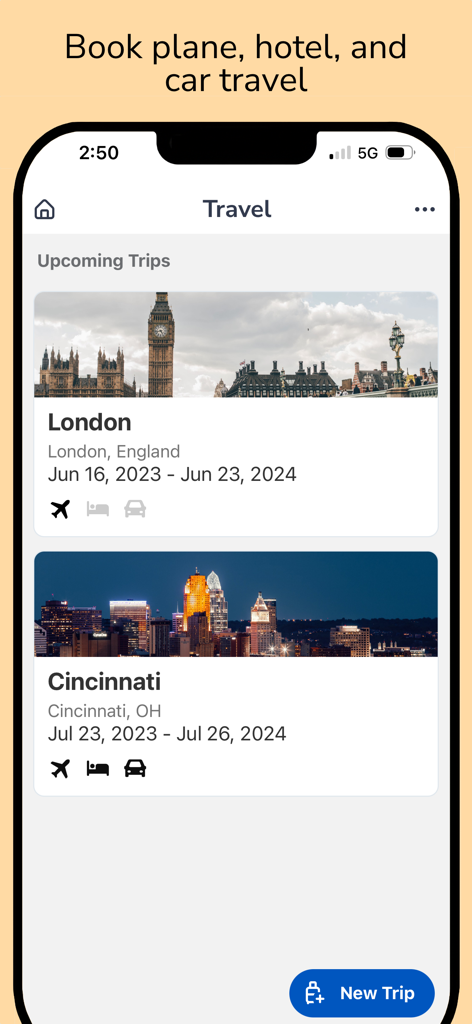 Coupa Mobile travel interface displaying upcoming trips and travel booking options.