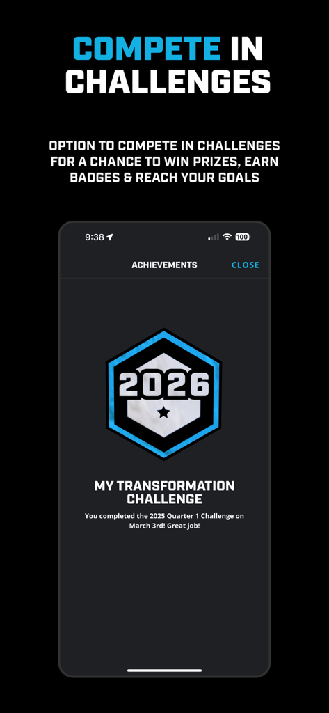 Pantalla de logros de la aplicación 1st Phorm que muestra una insignia del desafío de transformación 2026