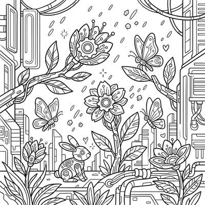 Dive into a stunning fusion of nature and technology with this unique cyberpunk spring coloring page. Discover a future where robotic rabbits and circuit-patterned flowers thrive amidst falling sleet in a high-tech urban landscape.