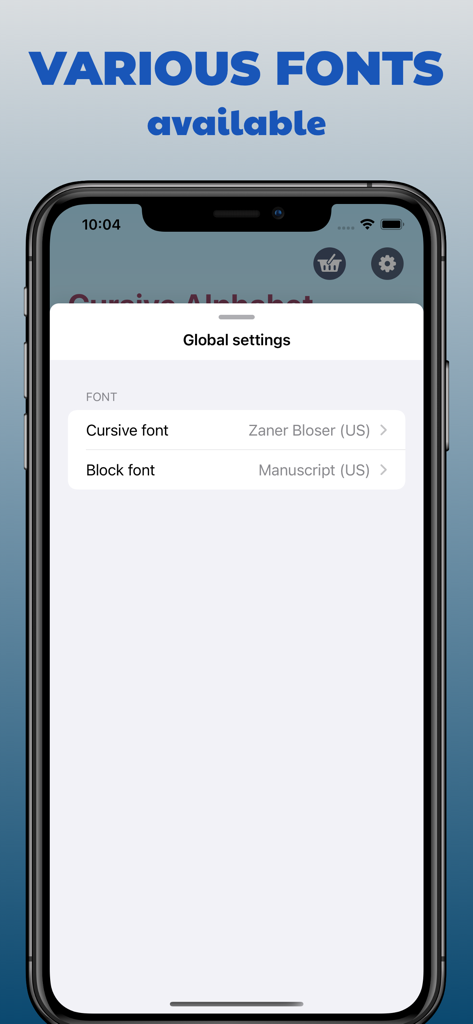 Handwriting Tracing Practice - Pantalla de configuración global que muestra opciones para varias fuentes cursivas y mayúsculas escolares de EE. UU.