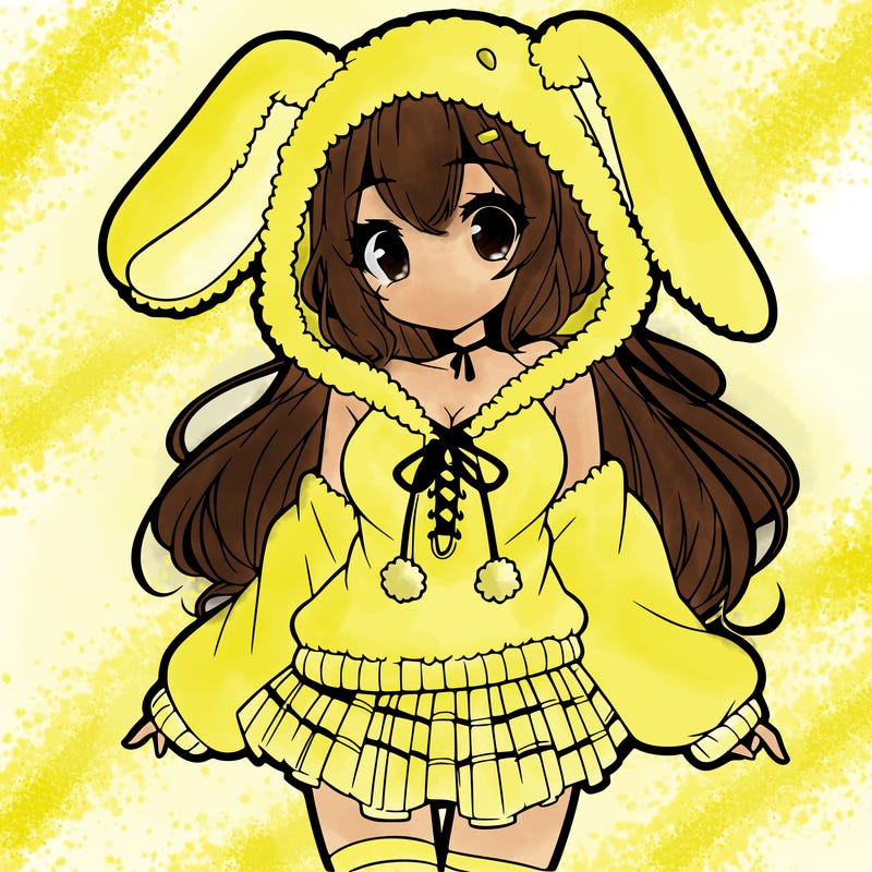pretty anime girl wearing a fluffy hoodie with bunny ears on the hood and a skirt