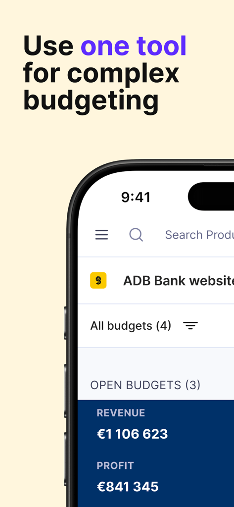Productive.io mobile app interface showing agency revenue and profit metrics for complex budgeting