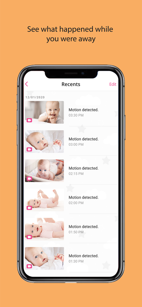 App screen showing a timeline of motion detection alerts with baby photo thumbnails and timestamps