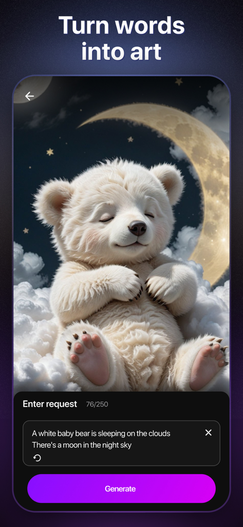 AI Boost mobile app interface showing a generated image of a white baby bear sleeping on clouds under a crescent moon based on a text prompt