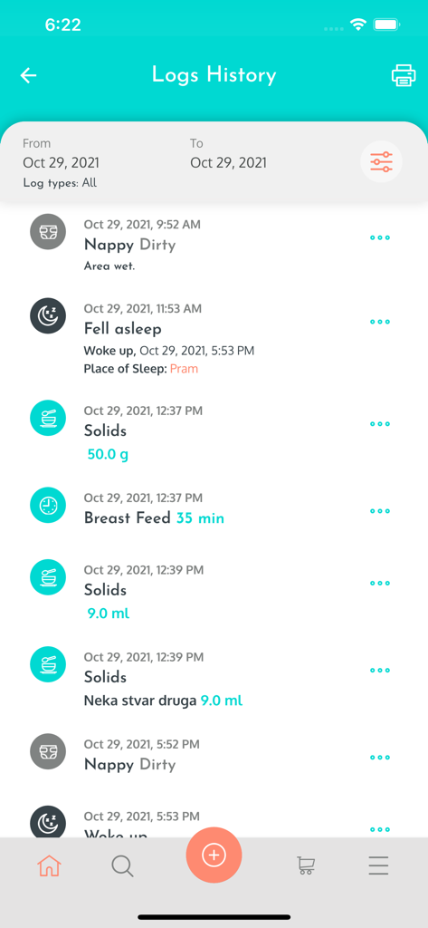 Nanny Louenna - Interface of the Nanny Louenna app displaying a chronological history of baby activity logs including sleep, feeding, and diaper changes