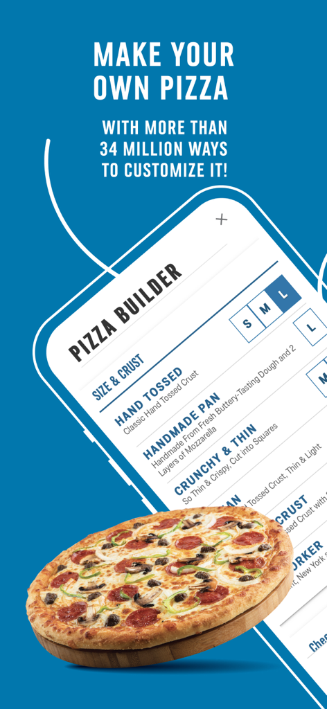 Domino’s MENA - The Pizza Builder feature in the Domino's MENA app showing size and crust customization options.