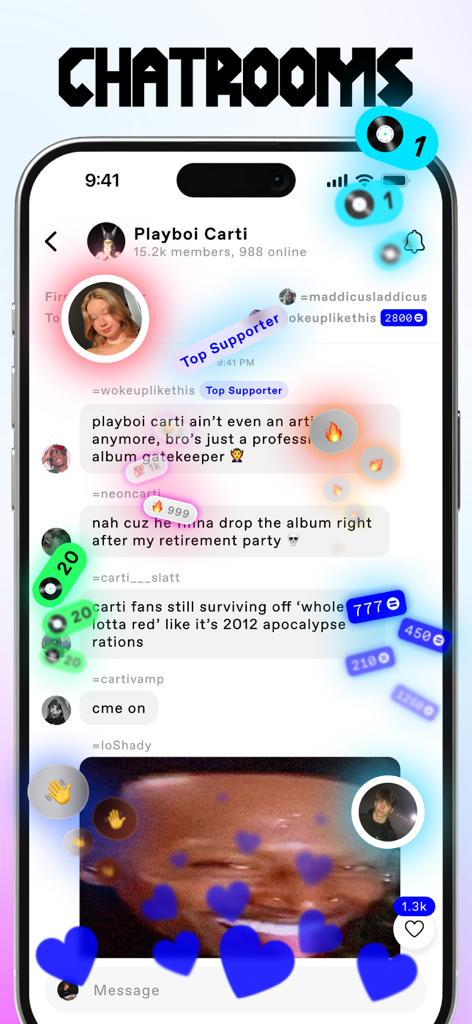 Live chat room for music fans on the EQUALS app featuring real-time conversations and fan badges