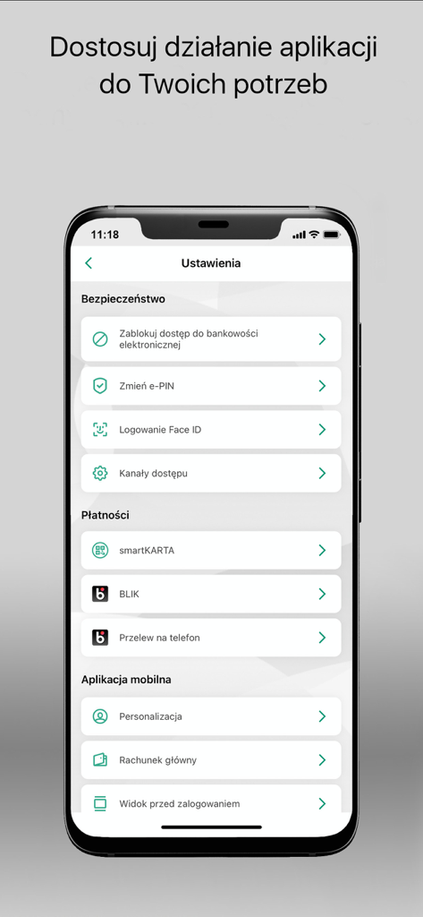 Express Bank - Express Bank mobile app settings screen with security and payment options
