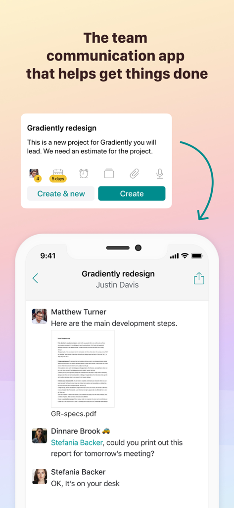 Pyrus · Team Communication - Smartphone screen showing Pyrus app with a project message thread and a task creation modal for team collaboration