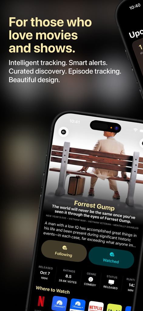 Showcase: Track Movies & Shows - La aplicación Showcase muestra detalles de la película Forrest Gump con iconos de plataformas de streaming