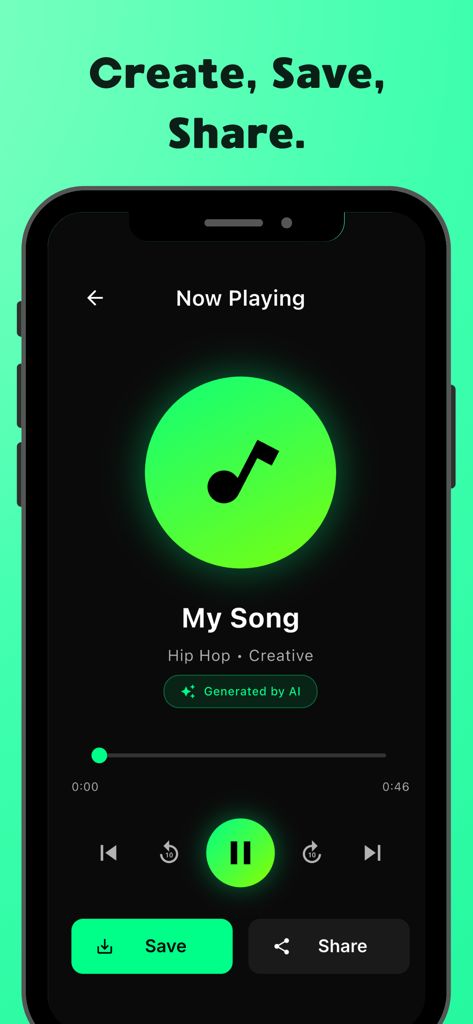 AI Song Generator & Maker Pro - A smartphone display showing a music player interface for an AI-generated song with save and share buttons
