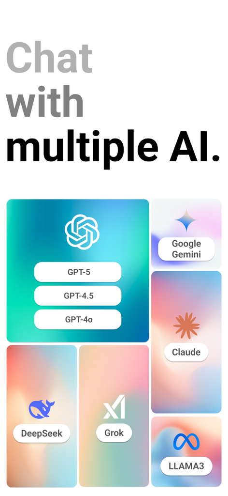 Chatbot App - AI Assistant - Interfaz que muestra múltiples modelos de IA integrados, incluidos GPT-5, Gemini, Claude y DeepSeek.