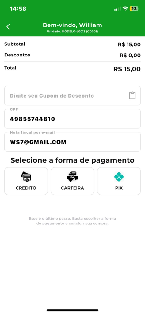MercadoApp | E4 Go - Checkout screen of MercadoApp showing order summary and payment options for an autonomous store