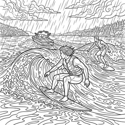 Experience the thrill of wakesurfing, even on a stormy day, with this dynamic coloring page. Riders master the waves behind a boat as rain streaks across the dramatic sky, offering an exhilarating scene to bring to life with your colors.