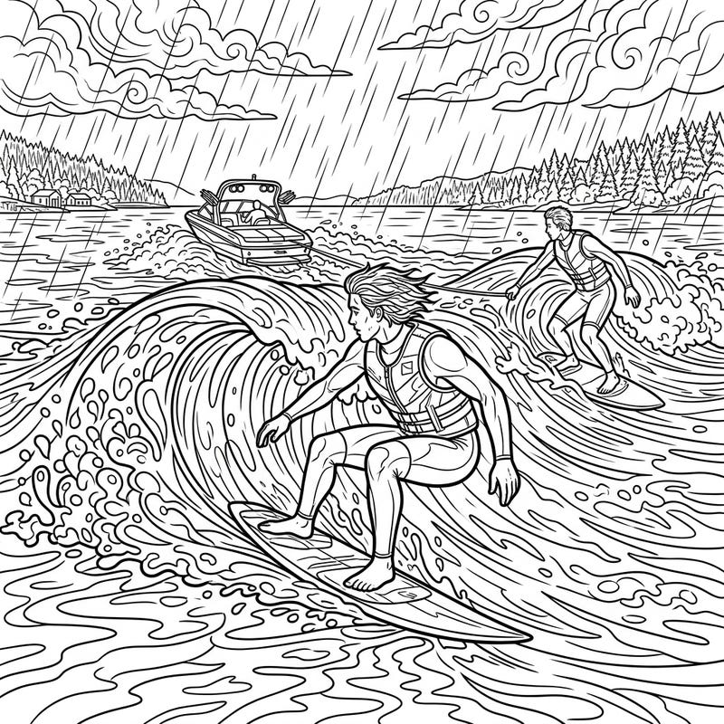 Experience the thrill of wakesurfing, even on a stormy day, with this dynamic coloring page. Riders master the waves behind a boat as rain streaks across the dramatic sky, offering an exhilarating scene to bring to life with your colors.