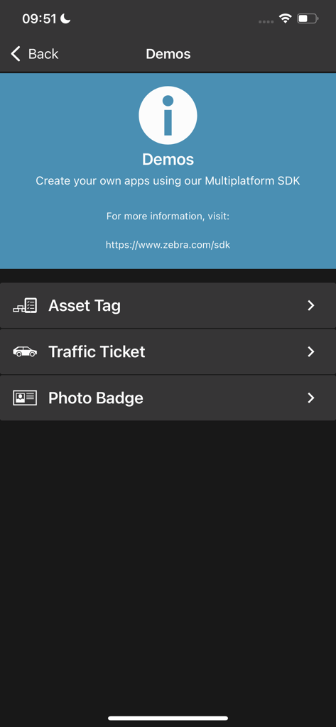 Zebra 프린터 설정 유틸리티 앱의 데모 화면으로, 자산 태그, 교통 위반 딱지 및 사진 배지 옵션 표시