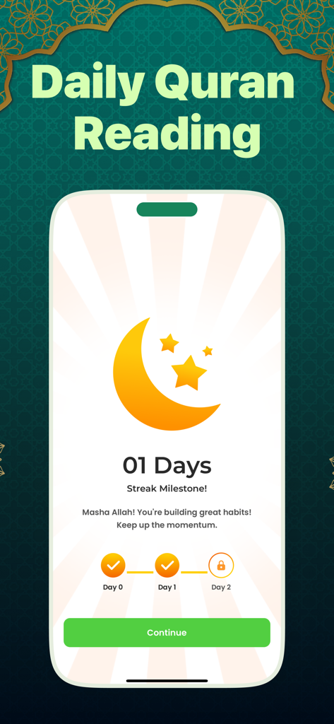 Noorly - Al Quran, Azkar, Deen - Una pantalla de teléfono inteligente que muestra un hito de racha de lectura del Corán de un día con un rastreador de progreso y un ícono de luna creciente amarilla.
