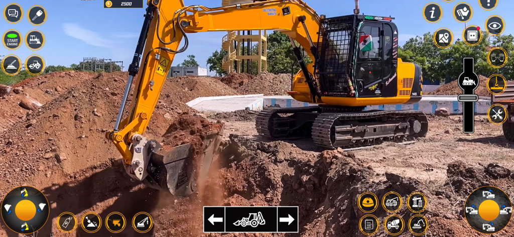 Un escavatore pesante giallo che scava una trincea nel gioco di costruzione di città ferroviaria