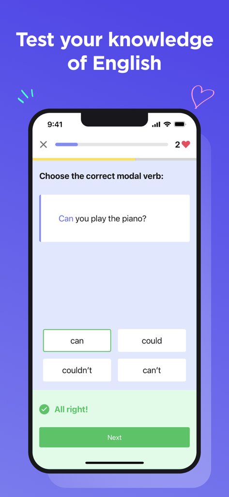 Pantalla de prueba de gramática inglesa que muestra una pregunta de opción múltiple sobre verbos modales con una respuesta correcta seleccionada