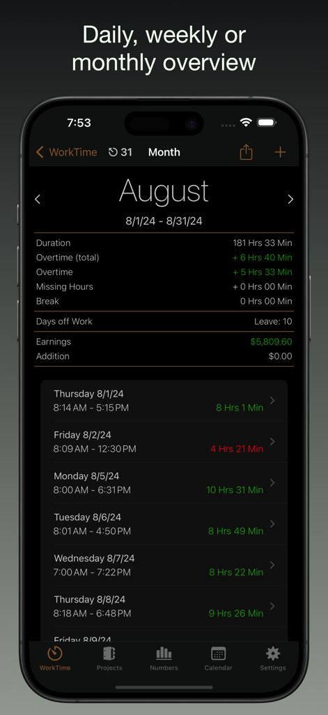 iboChron - Work Time Tracker - iboChron App Monatsübersicht mit Gesamtarbeitsstunden, Überstunden und Einnahmenberechnung für einen Freiberufler.